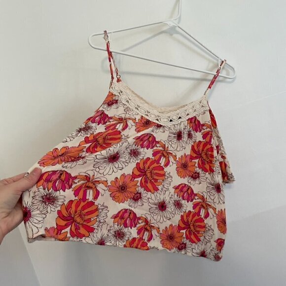 FOREVER 21 Cream Beige Pink Orange Floral Crochet Lace Cold Shoulder Crop Top M - Picture 7 of 11